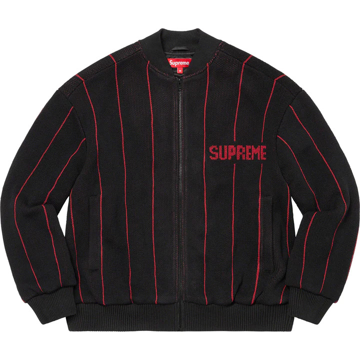 [해외] 슈프림 핀스트라이프 바시티 집 업 스웨터 Supreme Pinstripe Varsity Zip Up Sweater 23SS